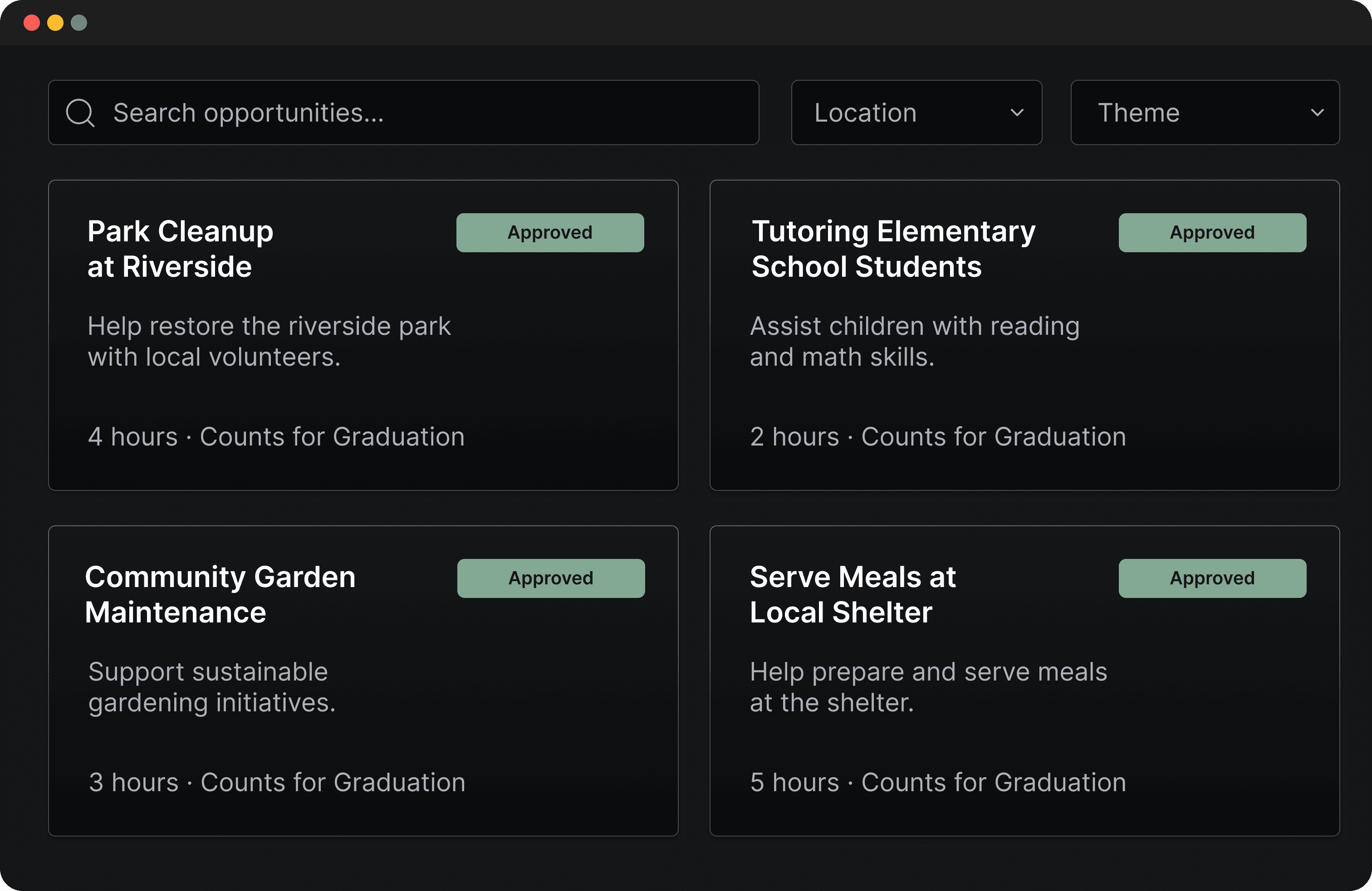 Browsing approved community service opportunities