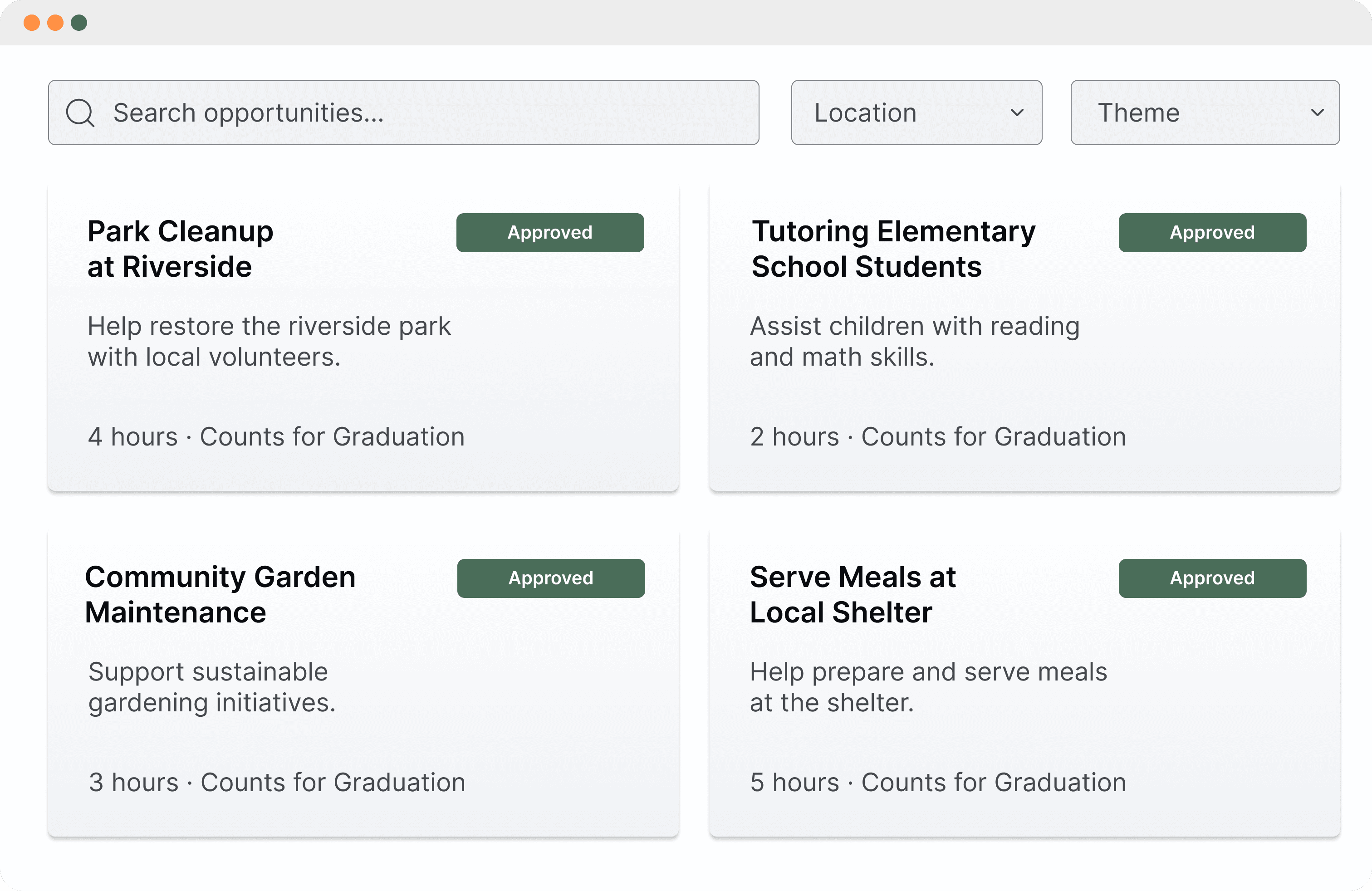 Browsing approved community service opportunities